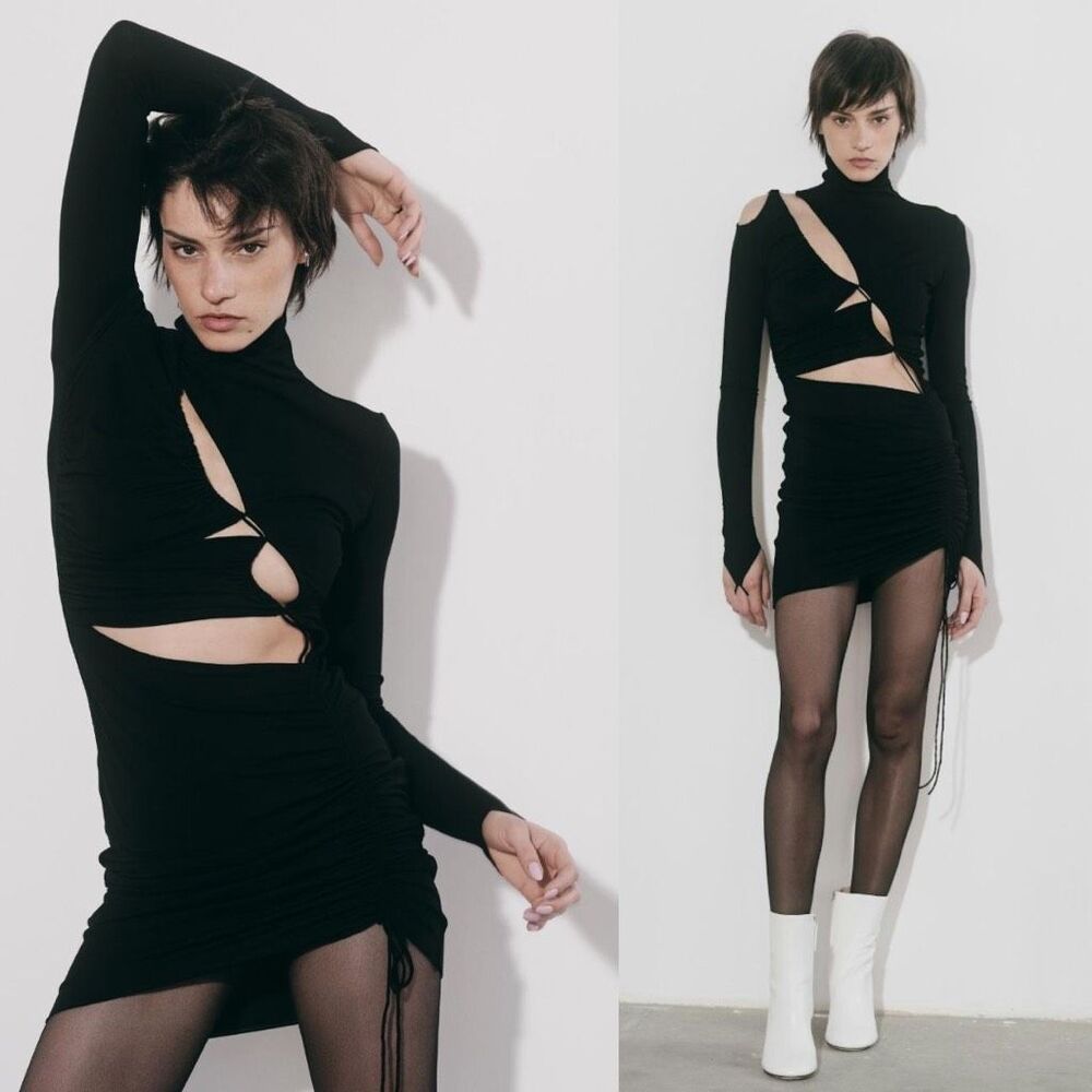 NEW Manuri Dress Black Ruched Cut Out Turtleneck Long Sleeve Mini Dress‎ Size XS